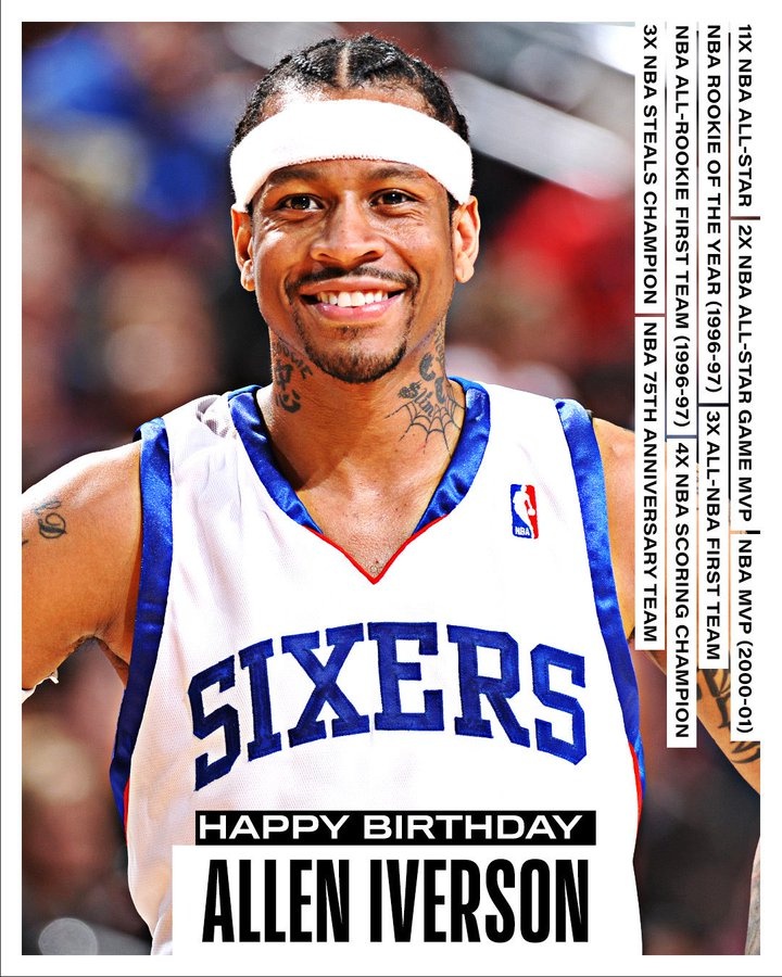 3次一阵&4届得分王&11届全明星&01年MVP！艾弗森50岁生日快乐🎂