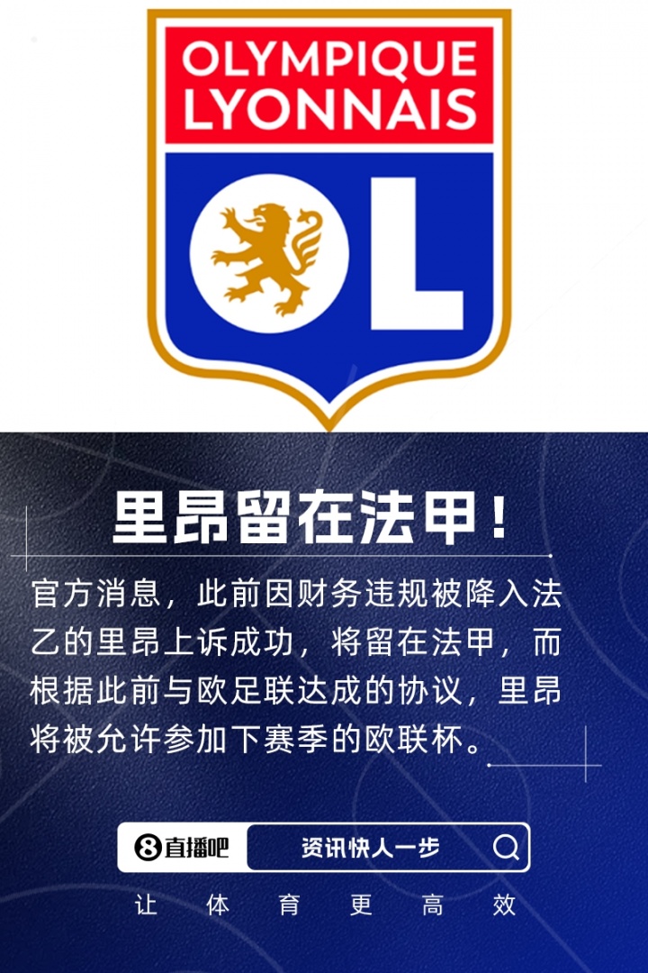 留法甲！队报：里昂需在7月15日前注资6000万欧 欧足联提严格要求